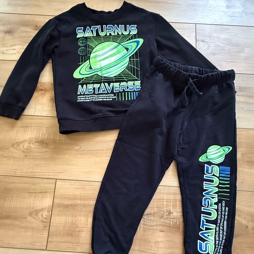 H&M Black Sweatpants & Sweatshirt Set with Green Saturn Design